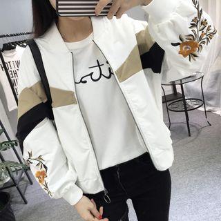Color Panel Flower Embroidered Bomber Jacket