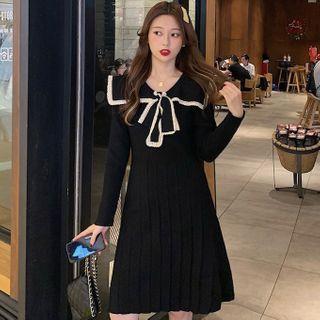 Long-sleeve Lace Trim Bow Mini Dress