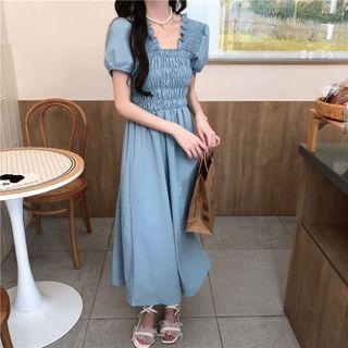 Off-shoulder Plain Ruffle Trim Midi Dress
