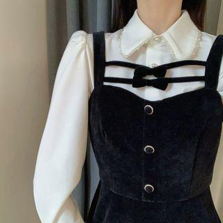 Faux Pearl Shirt / Mini A-line Overall Dress