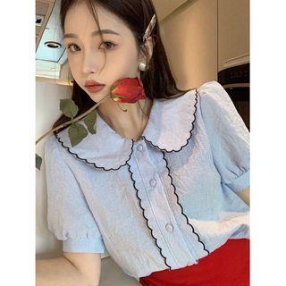 Puff Short-sleeve Peter Pan Collar Color Block Top