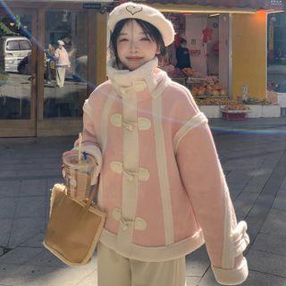 Stand Collar Fleece-lined Toggle Jacket Pink - One Size