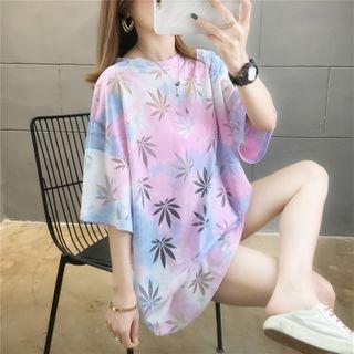 Elbow-sleeve Leaf Print Tunic T-shirt