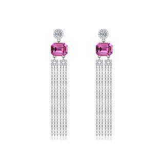 925 Sterling Silver Elegant Fashion Long Tassel Earrings With Pink Austrian Element Crystal Silver - One Size