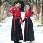 Couple Matching Embroidered Hanfu Blouse / High-waist Maxi A-line Skirt / Open Front Long Jacket / Set