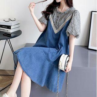 Puff-sleeve Check Panel Denim Midi Mermaid Dress
