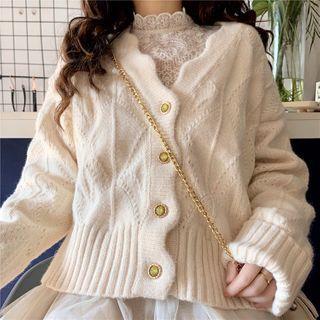 Long-sleeve Mock-neck Lace Top / Scalloped Cardigan