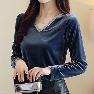 Velvet Long-sleeve V-neck Top