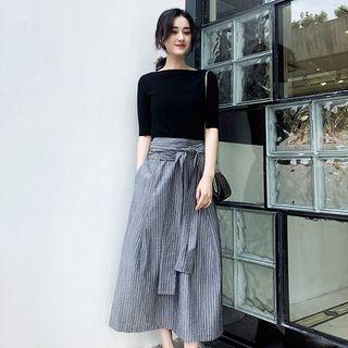 Set: Elbow-sleeve Top + Midi A-line Skirt