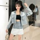 Set: Cropped Buttoned Denim Jacket + Asymmetric Mini Skirt