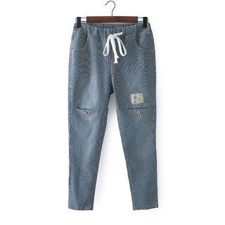 Drawstring Applique Striped Slim-fit Jeans
