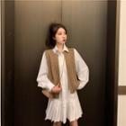 Pleated A-line Shirtdress / Open Front Knit Vest