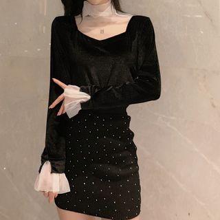 Square Neck Long-sleeve T-shirt T-shirt - Black - One Size