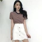 Striped Short-sleeve T-shirt / Buttoned A-line Skirt
