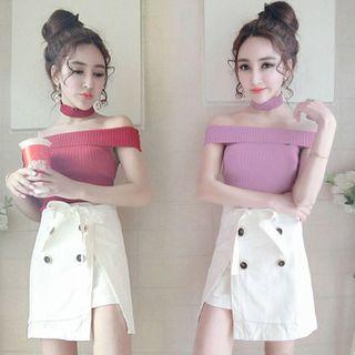 Set: Off-shoulder Knit Top + Mini A-line Skirt