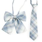 Set: Plaid Ribbon Bow Tie + Necktie Set Of 2 - Bow Tie + Necktie - Sky Blue & Yellow - One Size