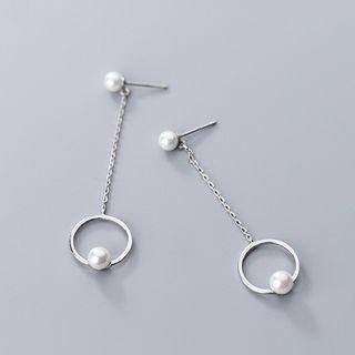 925 Sterling Silver Faux Pearl Hoop Dangle Earring Silver - One Size