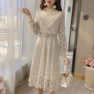 Long-sleeve Mock-neck Midi Lace Dress With Belt