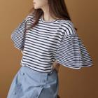 Pleated Bell-sleeve Stripe T-shirt