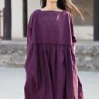 Plain Long-sleeve Maxi A-line Dress Purple - One Size