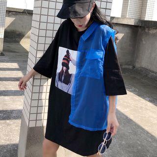 Mesh Panel 3/4-sleeve T-shirt Dress As Shown In Figure - One Size