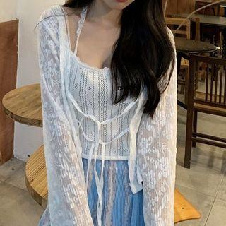 Camisole Top / Lace Cardigan / Accordion-pleat Wide Leg Pants
