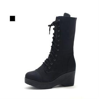 Wedge-heel Lace-up Mid Calf Boots