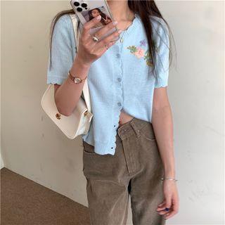 Short-sleeve Floral Embroidered Knit Cardigan