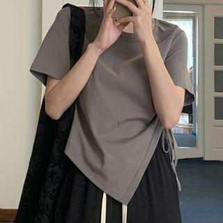 Short-sleeve Asymmetrical Drawstring T-shirt Dark Gray - One Size