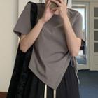 Short-sleeve Asymmetrical Drawstring T-shirt Dark Gray - One Size