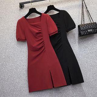 Short-sleeve Square Neck Slit A-line Dress