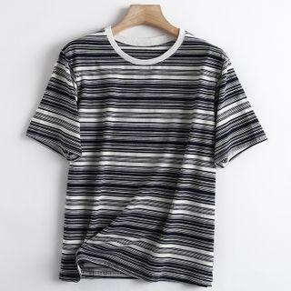 Short-sleeve Round-neck Color Block Striped T-shirt