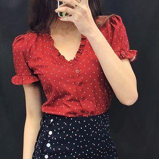 Short-sleeve Dotted Frill Trim Chiffon Blouse