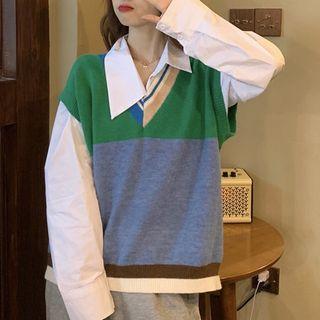 Color Block V-neck Knit Vest Set