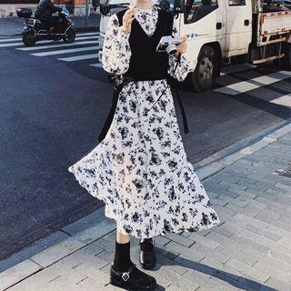 Set: Long-sleeve Floral Midi Smock Dress + V-neck Vest