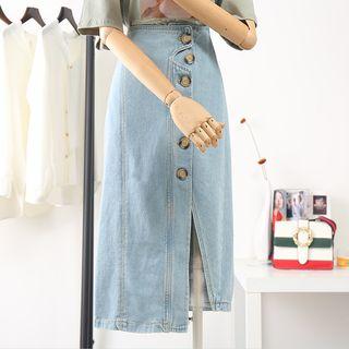 Button Detail Midi Denim Skirt
