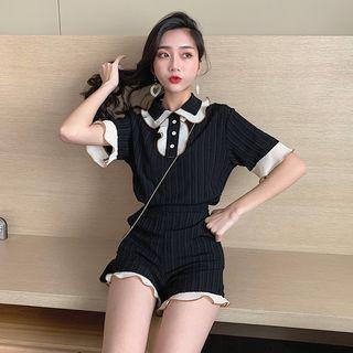 Set: Elbow-sleeve Frill Trim Polo Shirt + Shorts