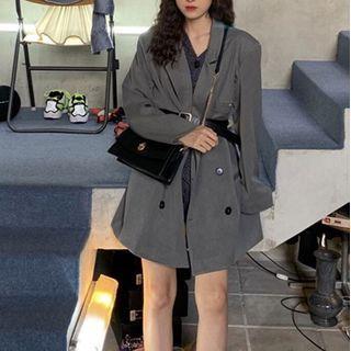 Set: Faux Leather Belt + Double-breasted Long Blazer