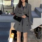 Set: Faux Leather Belt + Double-breasted Long Blazer