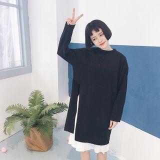 Set: Long-sleeve Slit A-line Dress + Sleeveless Pleated Dress