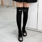 Cat Print Two-tone Tights Black And Nude - One Size