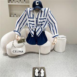 Long-sleeve Striped Shirt + Elastic-waist Shorts Blue - One Size