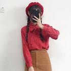 Stand-collar Long-sleeved Gingham Slim Blouse