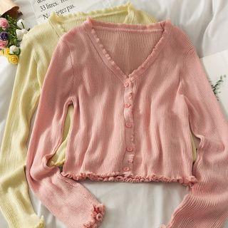 Slim-fit Ruffle-trim Button-up Knit Top