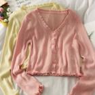 Slim-fit Ruffle-trim Button-up Knit Top