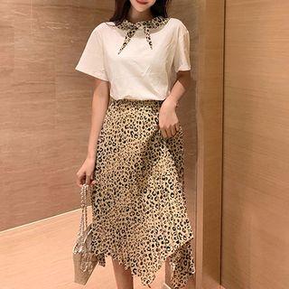 Set: Short-sleeve Tie Collar Top + Asymmetrical Hem Pleated Skirt