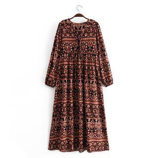 Balloon-sleeve Print Midi A-line Dress
