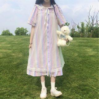 Color-block Striped Ruffle Oversize A-line Dress