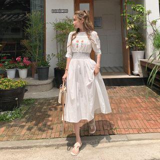 Smocked-waist Floral Embroidered Dress