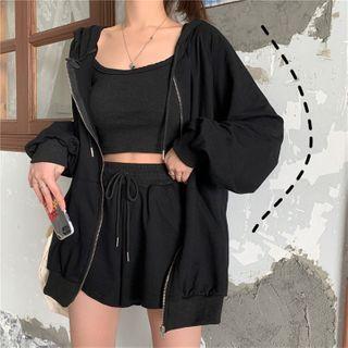 Set: Zip Hoodie + Wide-leg Shorts + Spaghetti Strap Top
